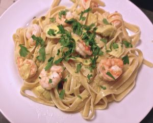 The shrimp, artichokes and capers with fettucine - I prefer to use farfalle with this because it's easier to toss together 